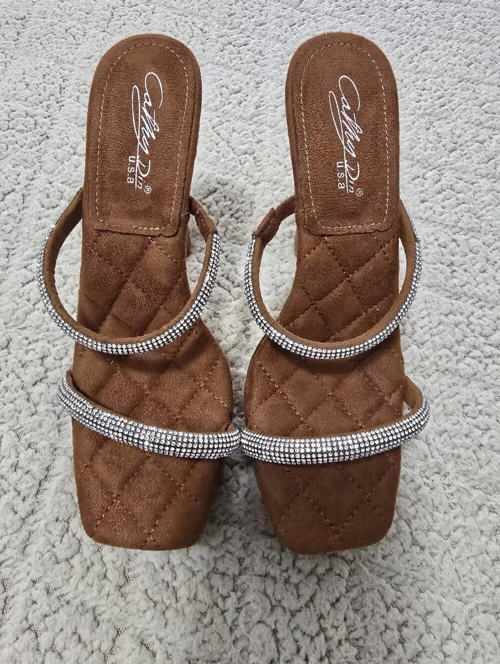 Women's Brown Suede Platform Heels with Crystal Straps